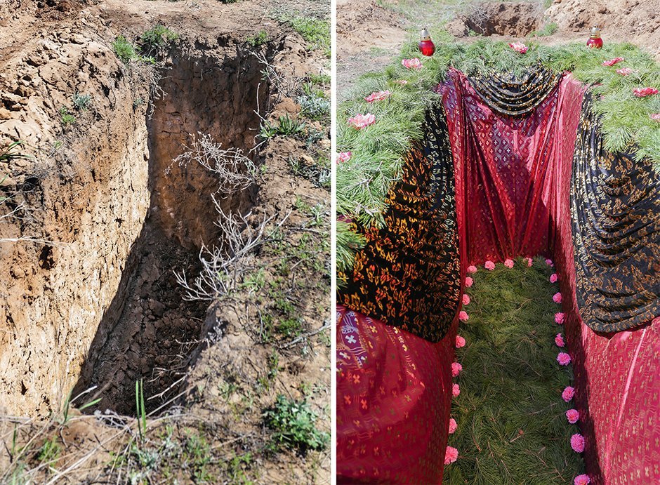 Могила до драпировки тканью и укладка лапника и после